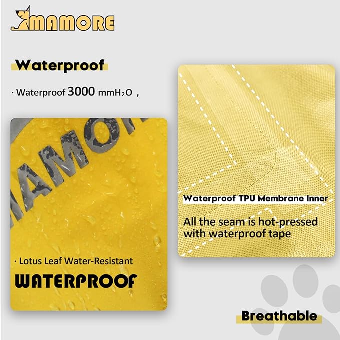 MAMORE Dog Raincoat Hooded Rain Jacket for Small Medium Large Dogs Slicker Poncho Bottom Waterproof Adjustable Reflective Breathable Leash Hole (Yellow, X-Large)