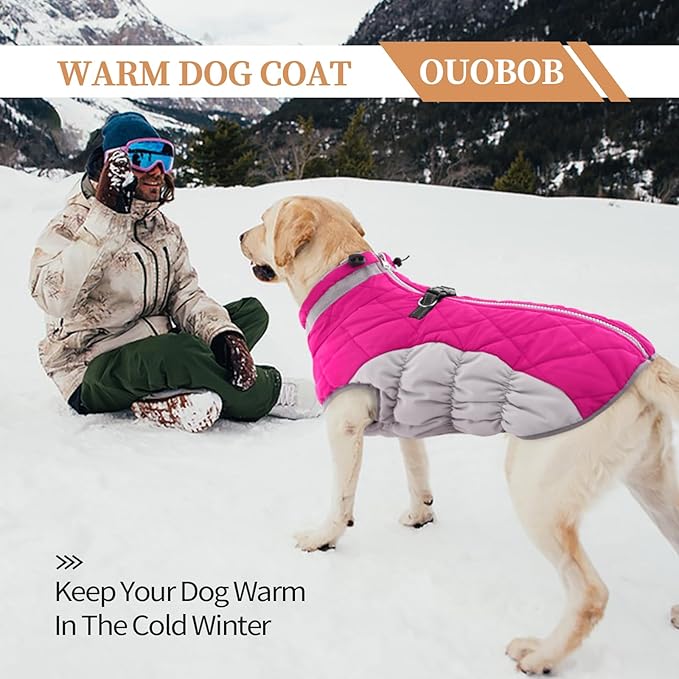 Large Dog Coat, XXLarge Dog Winter Coat, Waterproof Pet Jacket with Back Zipper,Extra Large Pet Coats, Warm Fleece Jacket with D-Ring, Windproof Winter Clothes Golden Retriever,Rose Red,XXL