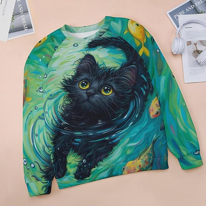 Long Sleeve Shirts for Women Cat Oil Painting Shirt 3D Graphic Sweatshirts Fall Pullover Crewneck Vintage Boho Tops