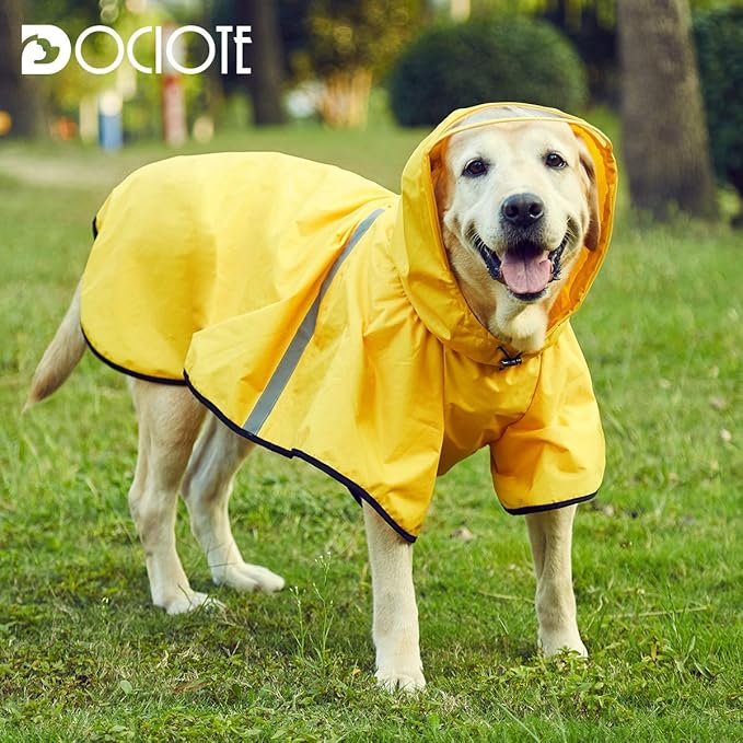 Large Dog Raincoat Jacket with Adjustable Belly Strap and Leash Hole - Hoodie with Reflective Strip - Waterproof Slicker Lightweight Breathable - Easy to Wear