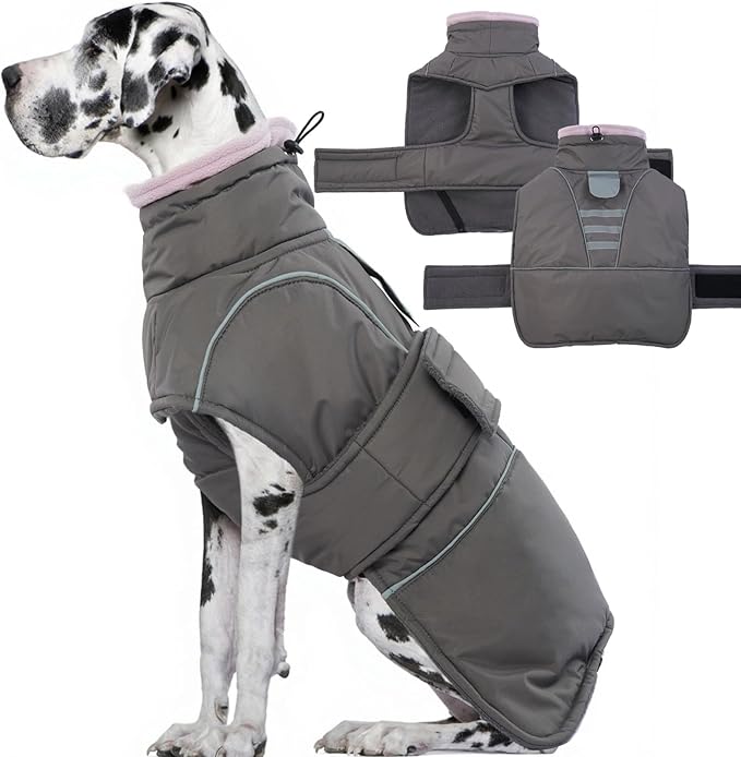 Dog Winter Coat for Small to Large Dogs(XS-XXXL)– Waterproof Windproof Fleece Lined Jacket with Reflective Trim,Pet Vest with Adjustable Buckles, Machine Washable Grey 2XL