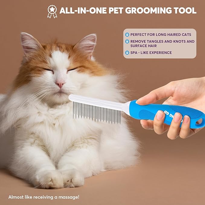 Detangling Pet Grooming Comb for Dogs & Cats with Long & Short Stainless Steel Metal Teeth for Removing Tangles and Knots - Dematting Brush to Detangle Matted Hair