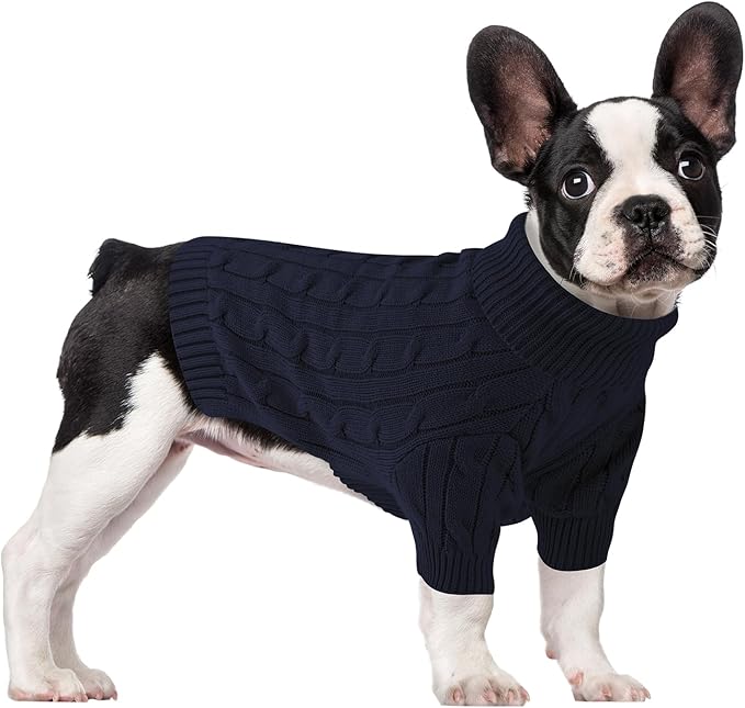 Small Dog Thermal Pullover Sweater, Classic Turtleneck Cable Knitwear Dog Clothes for Cold Weather Warm Pet Clothes for Chihuahua, Bulldog, Dachshund, Pug Navy X-Large