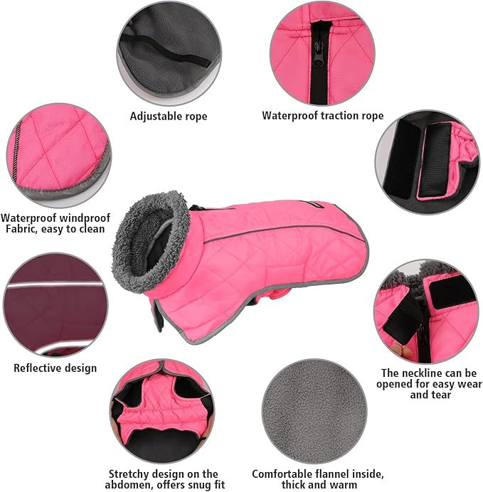 Fragralley Dog Coat Large, Waterproof Dog Jacket with Warm Fleece Lining, Adjustable Reflective Dogs Winter Coat, Turtleneck Pet Coats for Cold Weather (Pink XXL)