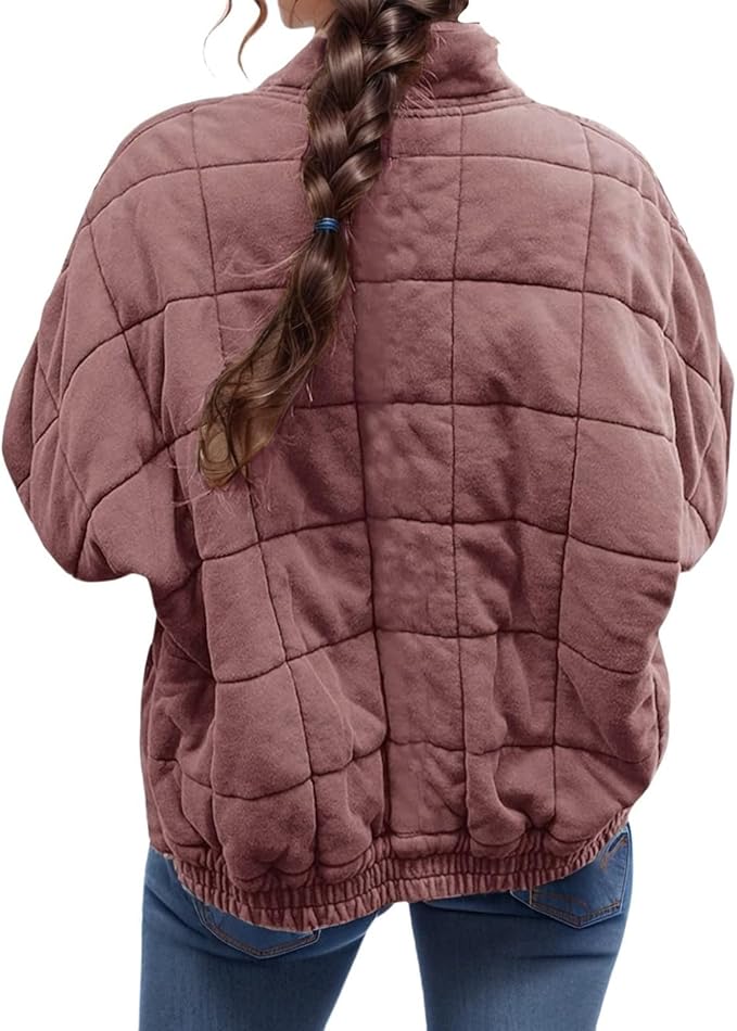 LIZALIG Warm Padded Coat for Women Full Zip Quilted Jackets Winter Oversized Causal Solid Color Stand Collar Pockets Coat