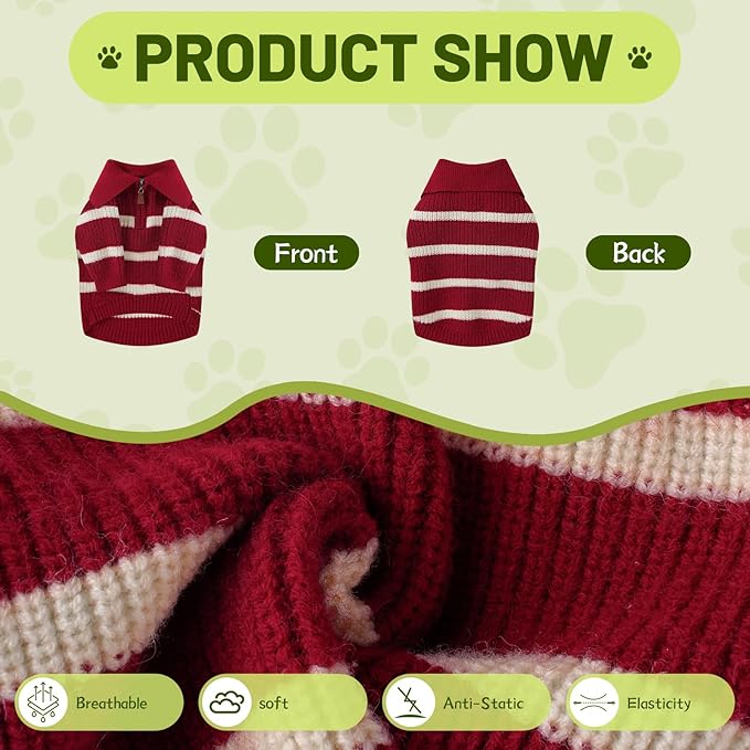 Small Dog Sweater with Zipper, Knitted Striped Pullover Dog Clothes for Cold Weather, Thick Warm Cozy Stretchy Sweater for Chihuahua, Bulldog, Dachshund, Pug(Red & White Strip, XXL)