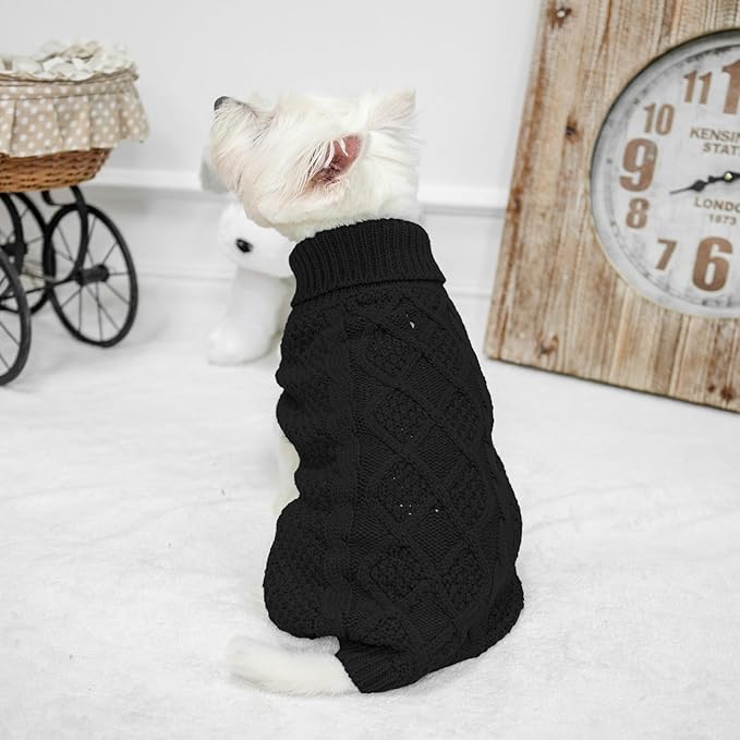 Mihachi Turtleneck Dog Sweater - Winter Coat Apparel Classic Cable Knit Clothes with Leash Hole for Cold Weather, Ideal Gift for Pet in New Year Black Small