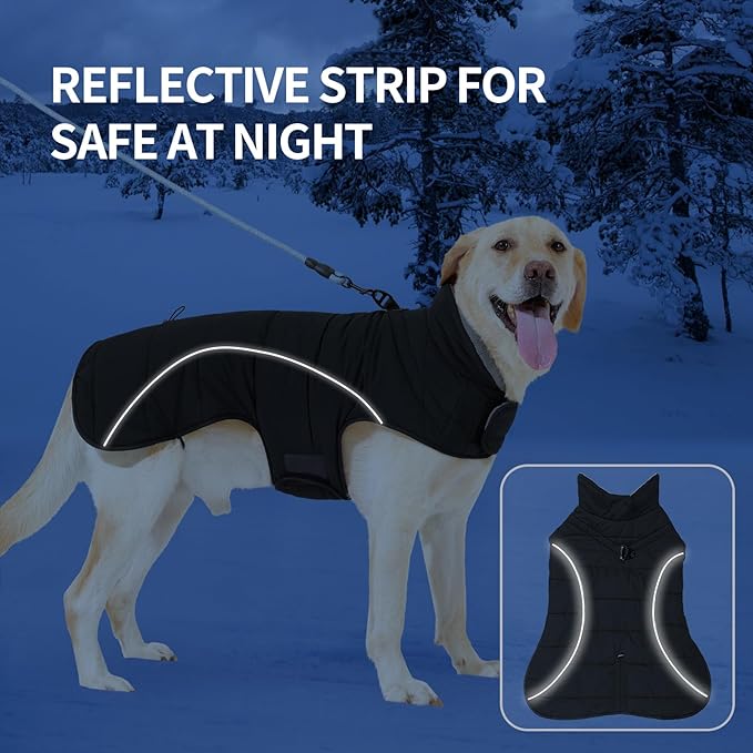 HEYWEAN Dog Winter Coat - Waterproof Windproof Reflective Vest for Medium & Large Breeds Adjustable Warm FleeceLined Jacket with Magic Tape & D-Ring for Leash Cold Weather Apparel (Black, XX-Large)