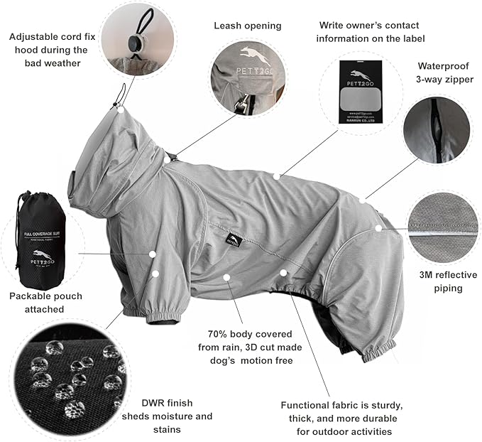 Dog Lightweight Windbreaker, Pet Outdoor Sports Jacket, 0.5 lbs,3 in One, Hooded, Easy on/Off with Collar and Harness, Reflective Piping, Packable, Dog Hiking/Camping, Grey (Medium)