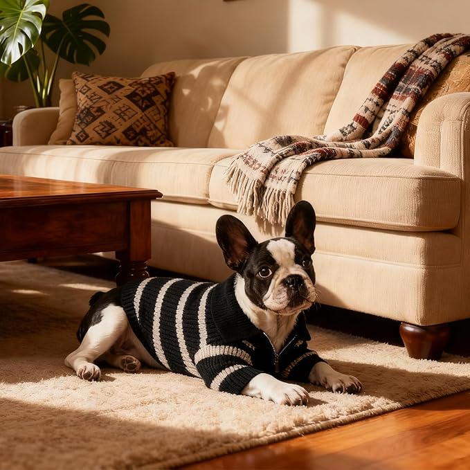 Small Dog Sweater with Zipper, Knitted Striped Pullover Dog Clothes for Cold Weather, Thick Warm Cozy Stretchy Sweater for Chihuahua, Bulldog, Dachshund, Pug(Black & White Strip, XL)