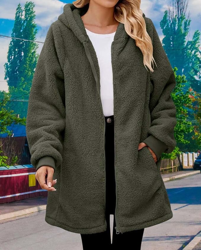 LIZALIG Women's Oversized Fleece Jacket Hooded Zip-Up Cardigan Coat with Pockets Warm Winter Casual Wear for Vacation
