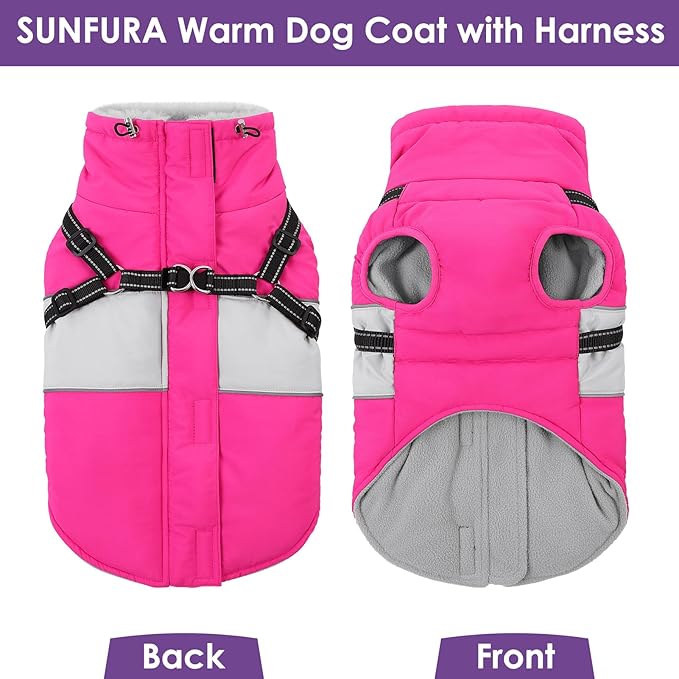 SUNFURA Dog Coat, XXL Dog Jacket Winter with Harness Built in, Waterproof Pet Snow Jacket with Furry Collar for Chilly Day, Reflective Fleece Snowsuit for Extra Large Dogs, Hot Pink 2XL
