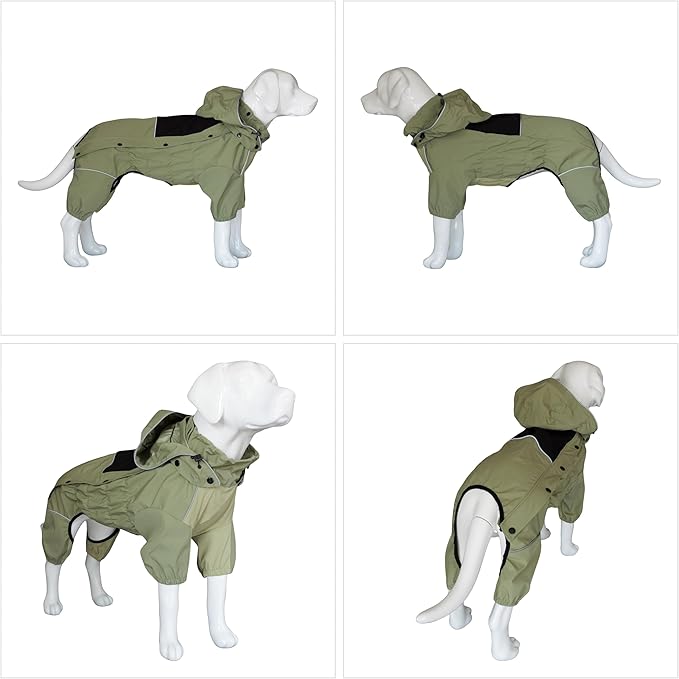 LOVELONGLONG Waterproof Dog Raincoat with Removable Hood – Outdoor Full Body Dog Jacket, Windproof Snowproof Shell Suit – All Season Pet Rain Gear Sage Green S