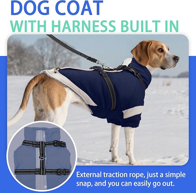 MIGOHI Dog Coat with Harness Built in, 2-in-1 Thermal Water-Resistant Dog Jacket, Windproof Reflective Snowsuit for Extra Large Dogs, German Shepherd, High Collar Design, Navy Blue, 3XL