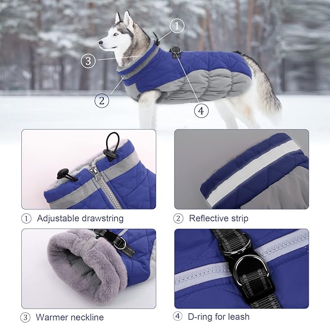 Lelepet Dog Coat Warm Dog Winter Coat Waterproof Dogs Jacket with Harness Built in Reflective Pet Fleece Vest Zip-Up Cold Weather Coats for Medium Dogs Turtleneck & Windproof Coats Dachshund Blue M