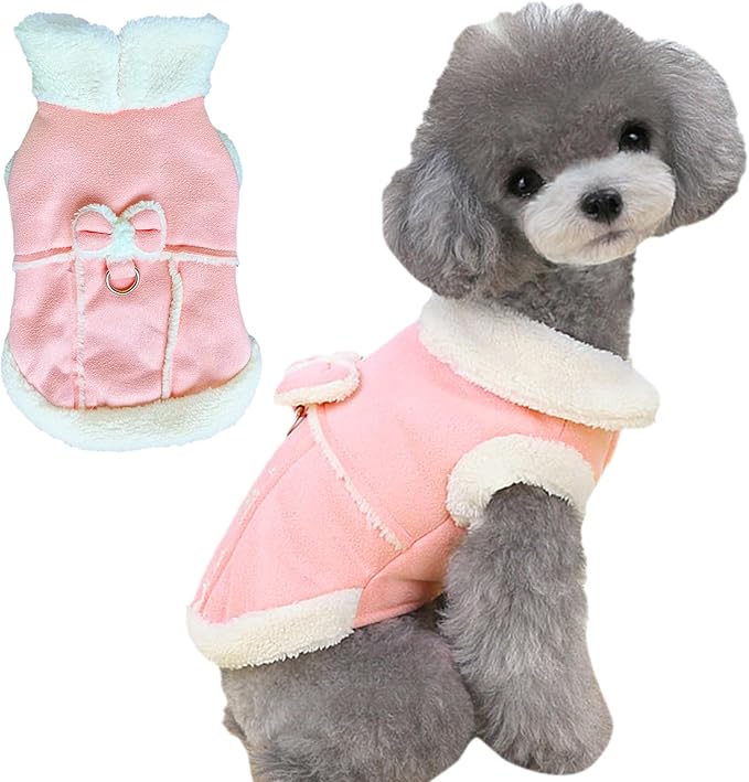 Jecikelon Bowtie Dog Cold Weather Coat Fleece Lining Warm Pet Puppy Turtleneck Dogs Winter Coats for Small Dogs Jacket with D-Ring Leash (Large, Pink)