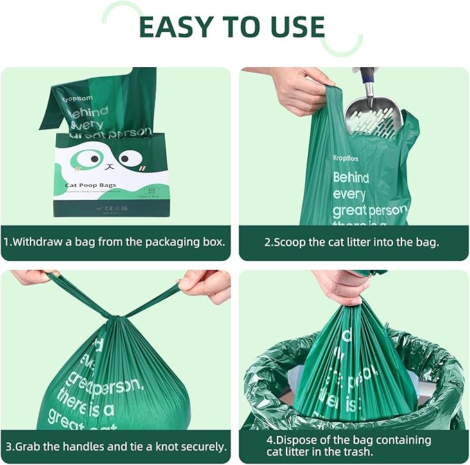 125 Count Cat Poop Bags with Handle, 100% Compostable & Biodegradable for Kitty Dog Pet Waste, Cornstarch-Based Disposable Litter Trash Bag, Extra-Thick, Leak Proof, Easy to Tie, Unscented