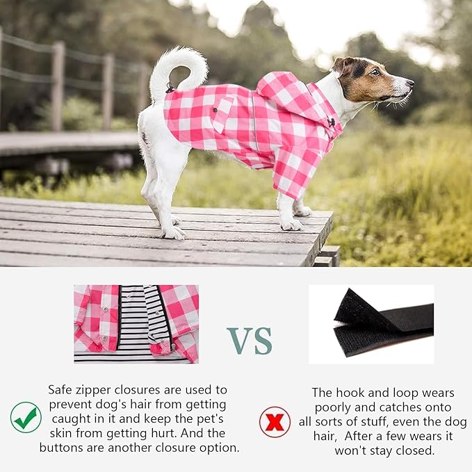 Dog rain Coat Waterproof Raincoat Puppy Jacket with Legs Buttons Zipper Hood Drawstring Fit for Yorkie Terrier Schnauzer Poodle Border Collie Labrador Golden Retriever 8lbs to 80lbs Pink S