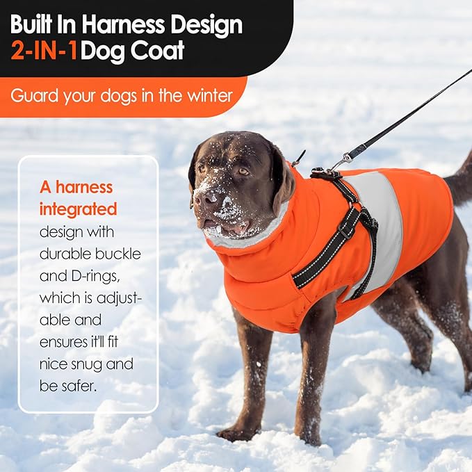 AOFITEE Dog Coat, Waterproof Dog Jacket Winter, Dogs Coat with Harness Built in, Warm Dogs Puffer Jacket with Zipper, Reflective Pet Snowsuit Sweater for Dachshund, French Bulldog, Boston Terrier, M