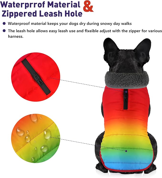 Dog Winter Coat, Waterproof Dog Jacket with Leash Hole, Reflective Adjustable Pet Snow Vest, Warm Fleece Sweater for Small Medium Large Dogs - Rainbow, XS