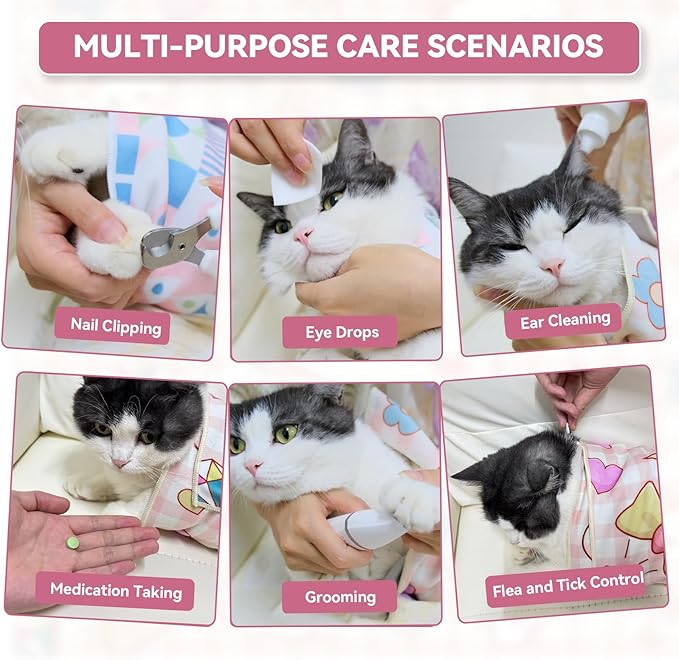 Cat Grooming Wrap for Cutting Nails, 31.5" Anti-Escape Calming Cat Swaddle Wrap for Medicine, Nail Clipping, Teeth Brushing, Ear Cleaning, Self-Adherent Burrito Restraint, (Happy Kitty, XL)
