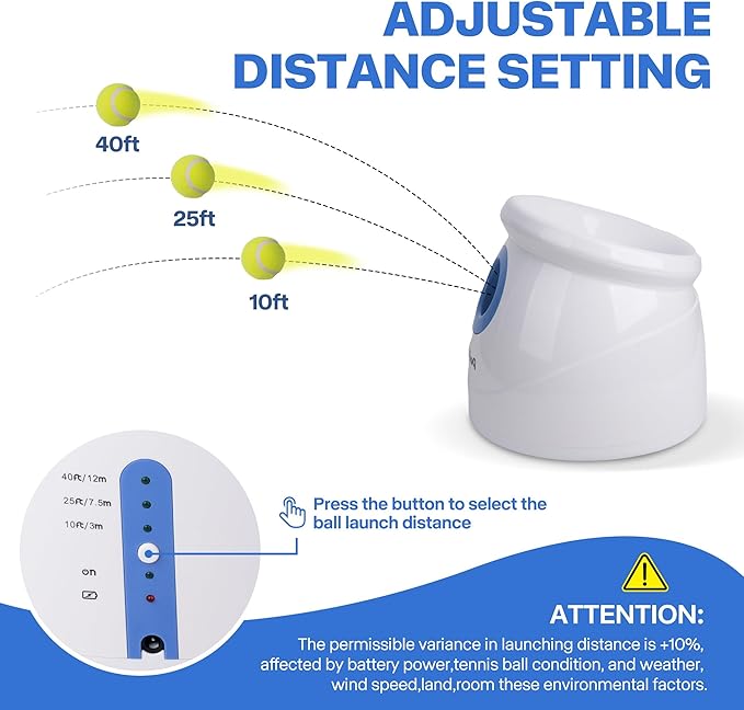Pet Prime Automatic Ball Launcher for Large Dogs，Adjustable 10-40ft Distance,Rechargeable Dog Ball Thrower with 6 Tennis Balls(2.5") & Training Whistle,Interactive Toy for Indoor/Outdoor Play