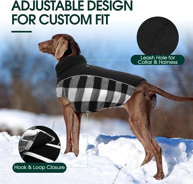 Kuoser Dog Winter Coat, Reversible Waterproof Dog Jacket with Reflective Strip, Warm Dogs Fleece Vest Adjustable Doggy Cold Weather Clothes Plaid Christmas Outfit Pet Apparel for Medium Dogs, Black M