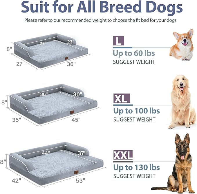 Orthopedic Dog Beds for Extra Large Dogs, Waterproof Egg Crate Foam XL Dog Bed with Sides 45 * 35Inch, Big Dogs Couch Beds with Removable Washable Cover and Nonskid Bottom, Grey