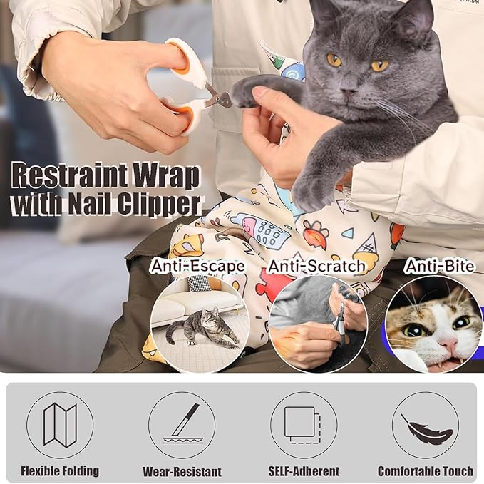 35.5'' Cat Grooming Wrap Cat Wrap for Cutting Nails, Anti-Escape Cat Restraint Wraps for Medicine Nail Clipping Ear Cleaning, Self-Adherent Cat Swaddle Wrap with Nail Clipper - Within 22lbs