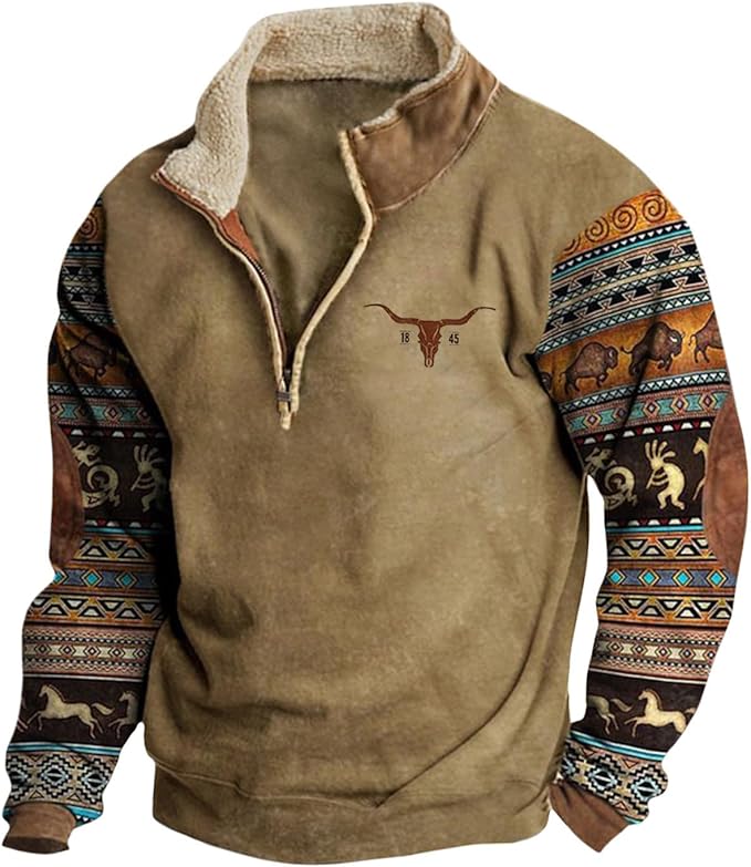 HOTYD Western Jackets for Men Cowboy Sweatshirts Vintage Ethnic Graphic Casual Long Sleeve Top 1/4 Zip Pullover Hoodies