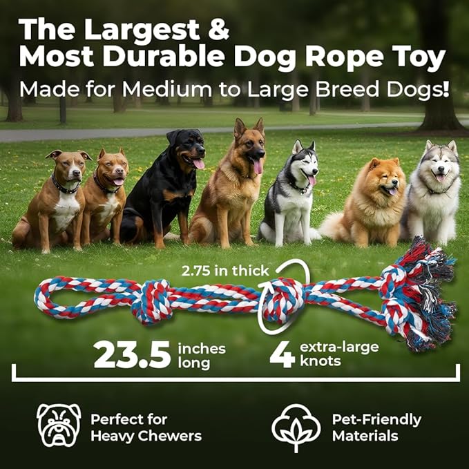 Pacific Pups Products Large Dog Rope Toy for Aggressive Chewers - 23.5" Giant Dog Tug of War Toy for Large Breeds - Durable Big Pull Rope for Teething Puppies and Heavy Duty Chewers