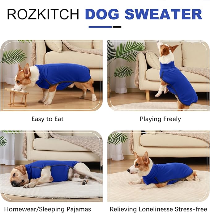 ROZKITCH Turtlenck Dog Pajamas for Medium Dogs, Pet Windproof Warm Cold Weather Jacket Vest Cozy Jumpsuit Apparel Outfit Clothes for Walking Hiking Travel Sleep Blue M