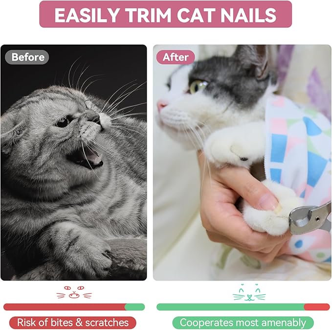 Cat Grooming Wrap for Cutting Nails, 31.5" Anti-Escape Calming Cat Swaddle Wrap for Medicine, Nail Clipping, Teeth Brushing, Ear Cleaning, Self-Adherent Burrito Restraint, (Geometric Fish, XL)