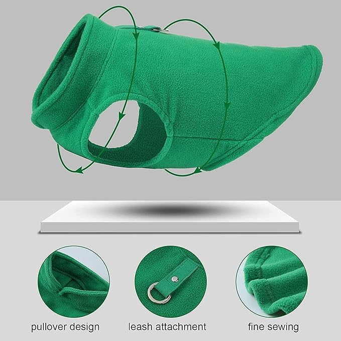 JACKO & CO - Fleece Vest Dog Sweater with Leash Ring - Soft, Warm & Lightweight Pullover Coat for Small & Medium Dogs, Puppies & Cats - Cozy Fall/Winter/Spring Pet Jacket (Green, Large 10-16lbs)