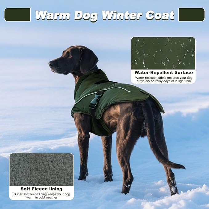 DENTRUN Large Dog Coat - Thick Fleece Lined Reflective Winter Jacket, Snap Closure & Leash Hole, Warm Thick Fleece Lined, Plush Turtleneck Vest for German Shepherd, Army Green, XXL