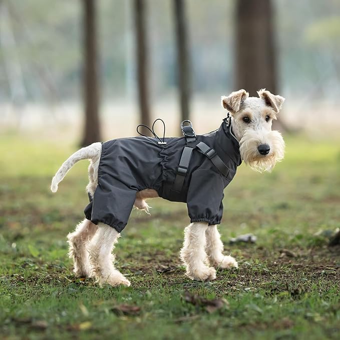 Mile High Life Waterproof Dog Raincoat, Full Coverage Small Dog Rain Coat with Harness, Adjustable 4 Legs Puppy Rain Jacket with Reflective Strip and Elastic Cuffs (Gray, M Back Length 14.6")