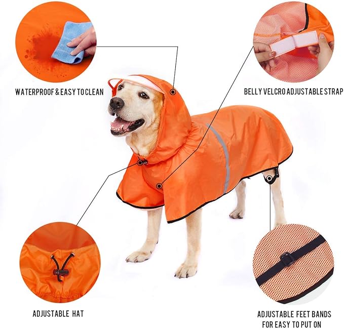 Dog Raincoat with Adjustable Belly Strap and Leash Hole - Hoodie with Reflective Strip - Waterproof Slicker Lightweight Breathable Rain Poncho Jacket for Medium Large Dogs - Easy to Wear, Orange 5XL