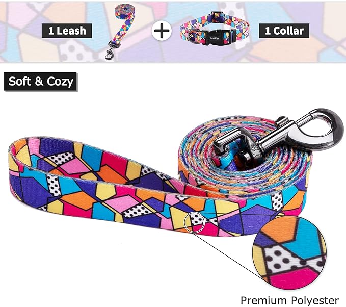 Ihoming Dog Collar and Leash Set for Daily Outdoor Walking Running Training, Geometric Design for Medium Boys Girls Dogs Cats Pets, M-Up to 45LBS