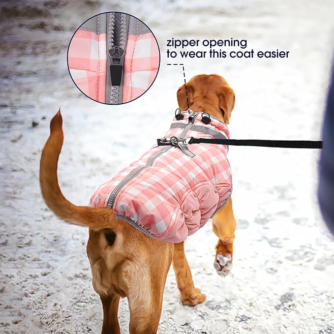 FUAMEY Dog Coat for Large Dogs,Waterproof Dog Winter Jacket with Harness Built in Puppy Cold Weather Coats Reflective Pet Vest with Zipper Warm Fleece Dogs Snowsuit Windproof Pink Plaid 2XL