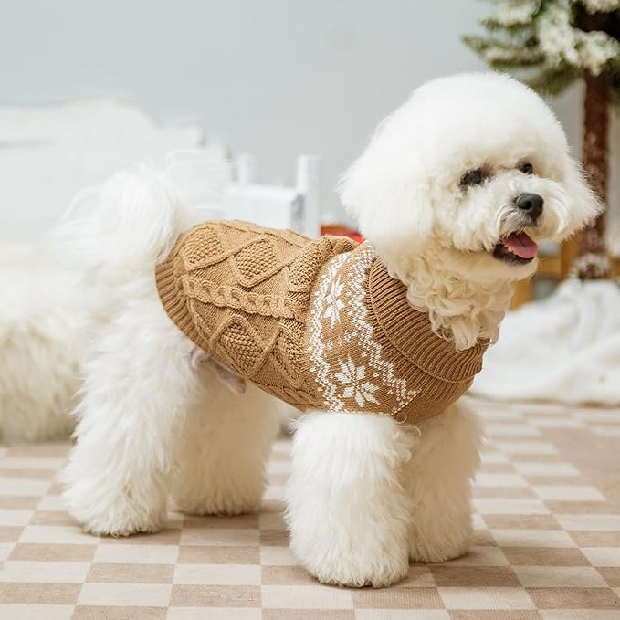 Warm Winter Dog Sweater - Cold Weather Pet Clothes for Small Medium Large Dogs Indoor Outdoor, Soft Classic Knit Puppy Apparel, Khaki, S