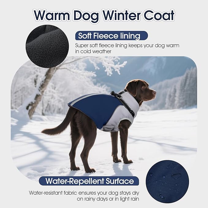 DENTRUN Dog Coat with Harness Built in, Easy On/Off Zipper Closure Winter Dog Vest, Water-Repellent Fleece Lined Warm Jacket with Reflective for Large Dogs, Dark Blue, XL