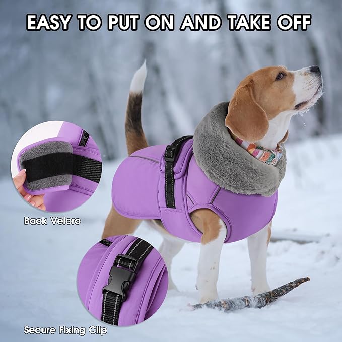 PETDSH Dog Coat Large, Windproof Dog Jacket with Warm Fleece Lining, Thickened Collar Dogs Winter Coat, Adjustable Reflective Pet Coats for Cold Weather (Purple, X-Large)