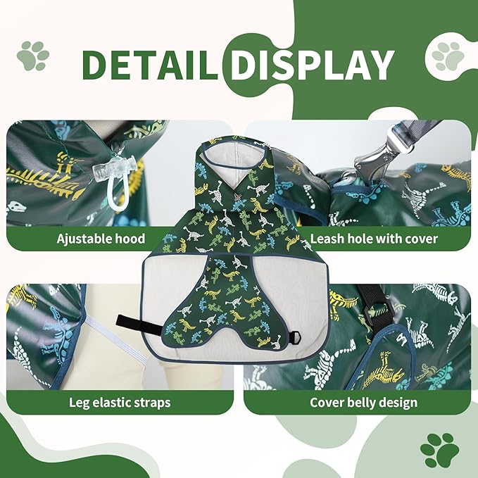 Dog Raincoat, Waterproof Windproof Dog Rain Jacket with Hood, Rain Coat with Leash Hole, Adjustable Raincoat Poncho for Small Medium Large Dogs Outdoor (Green, Large)