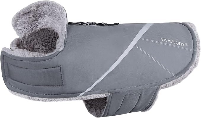 VIVAGLORY Snowrap Dog Coat, Jacket with Harness Hole & Velcro Closure, Dog Coat for Winter & Cold Weather, Fluffy Warm Fleece Lined Reflective Water Resistant for Puppy, XXS, Grey