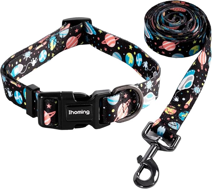 Ihoming Dog Collar and Leash Set for Daily Outdoor Walking Running Training, Space Design for Small Boys Girls Dogs Cats Pets, S-Up to 20LBS