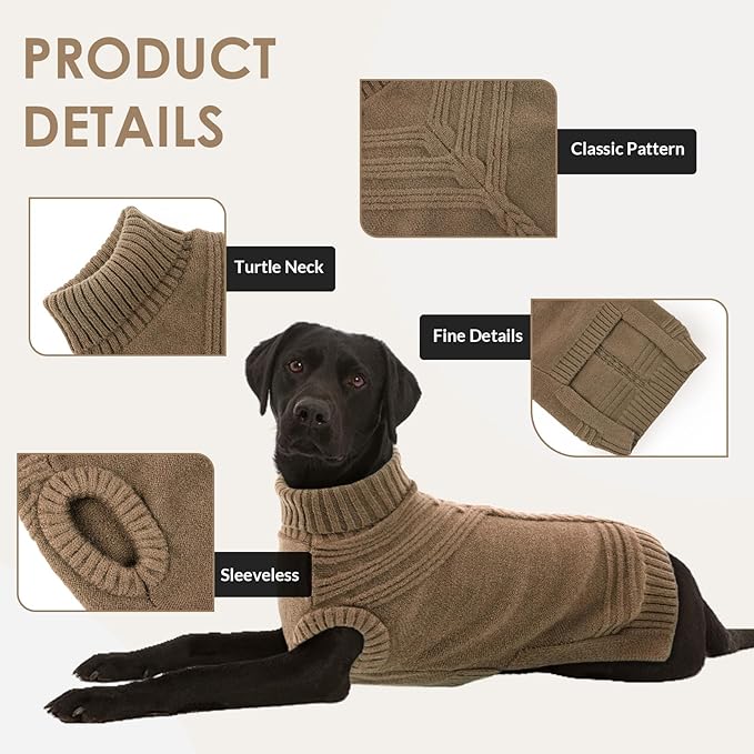 Dog Sweaters for Large Dogs Male Female Pet Knitwear Classic Puppy Warm Pullover Turtleneck Cold Weather Clothes for Pitbull(Brown, XL)