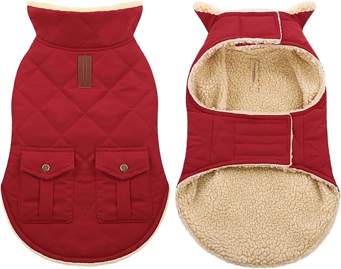 ASENKU Warm Dog Winter Coat, Waterproof Dog Coat for Cold Weather, Fleece Dogs Jacket with Ultra Thick Plush Lining Leash Hole Storage Pockets for Medium Dogs (Red, Medium)