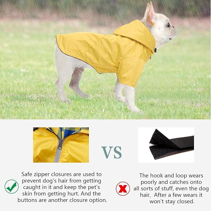 Dog Raincoat Dogs Waterproof Reversible rain Jacket Dog Small Medium Breeds Reflective Zipper Storage Pocket Harness Hole - Yellow - XS