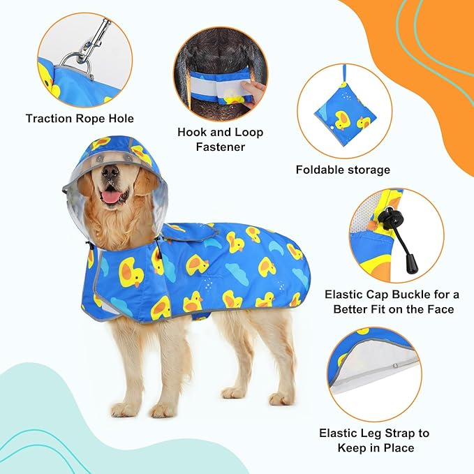 Reflective Dog Raincoat, Waterproof Dog Rain Jacket Hooded Poncho, Adjustable Rain Coat with Storage Pocket for Medium Dogs (Blue, Medium)