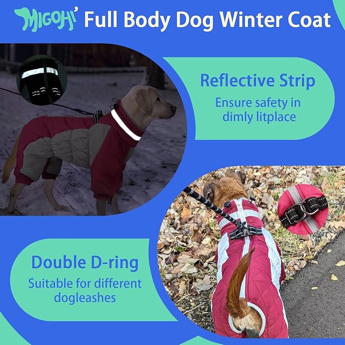 MIGOHI Full Body Dog Coat - Warm Reflective Large Dog Winter Coat with Harness,Turtleneck Fleece Jacket for Dogs,Four-Leg Windproof Puffer Jackets Snowsuit with Zipper for Small Medium Large Dogs,3XL